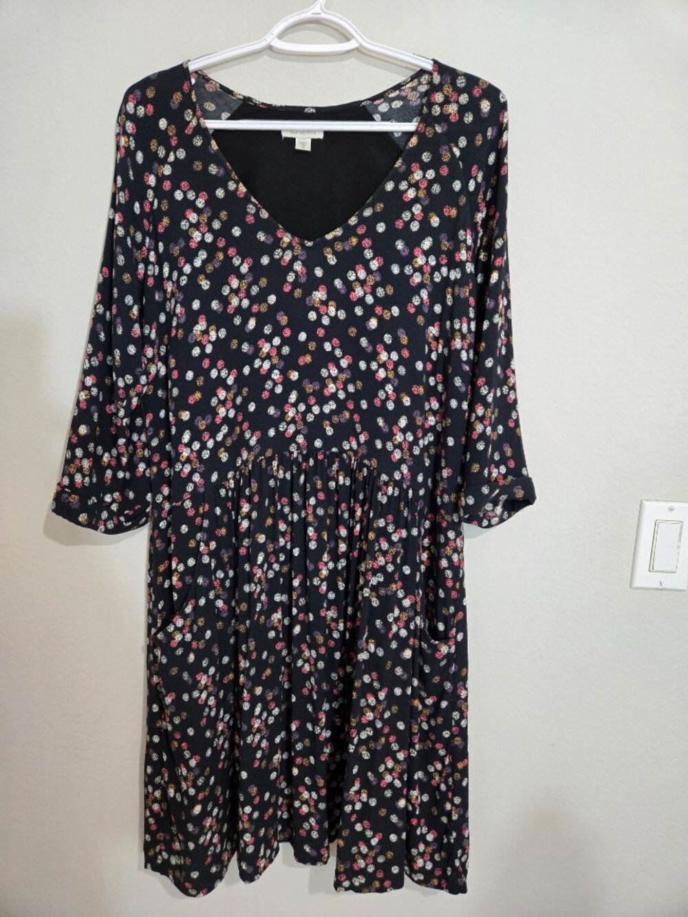 Garnet Hill Black Multicolor Stippled Floral Dot Pocket Dress size 12